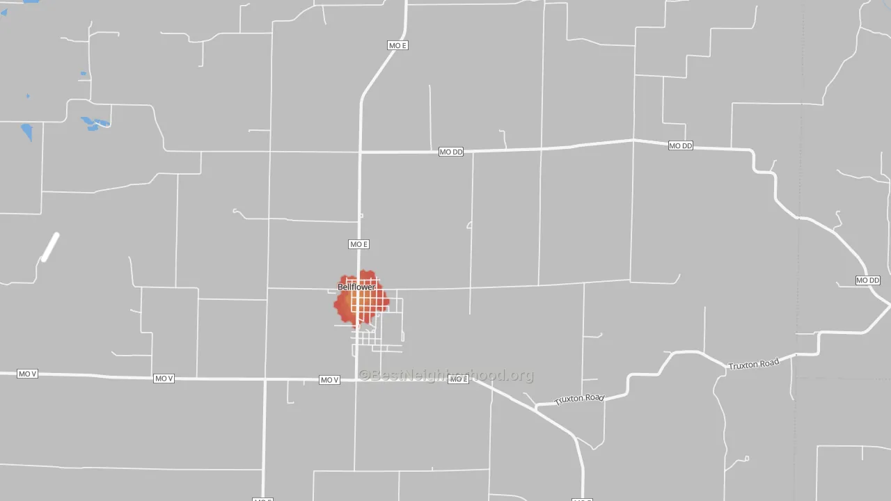Walk Grade map of Bellflower, MO, walkable areas in green and car-dependent areas in red