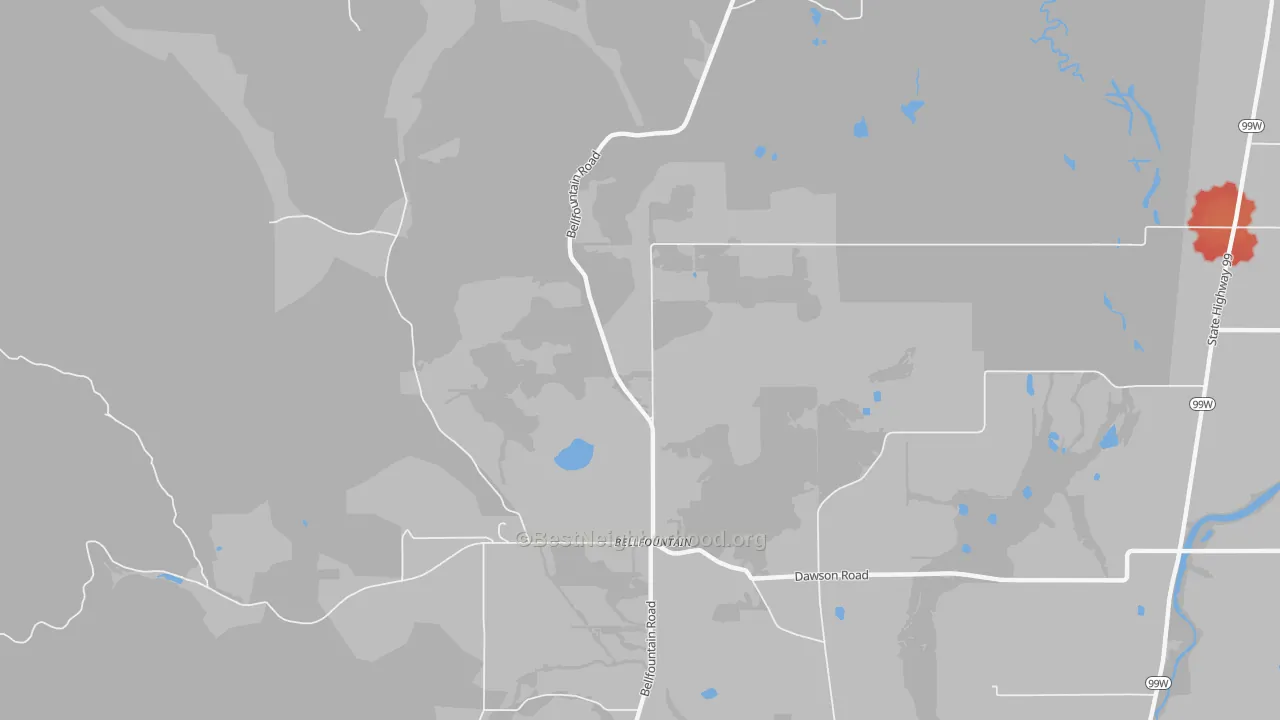 Walk Grade map of Bellfountain, OR, walkable areas in green and car-dependent areas in red