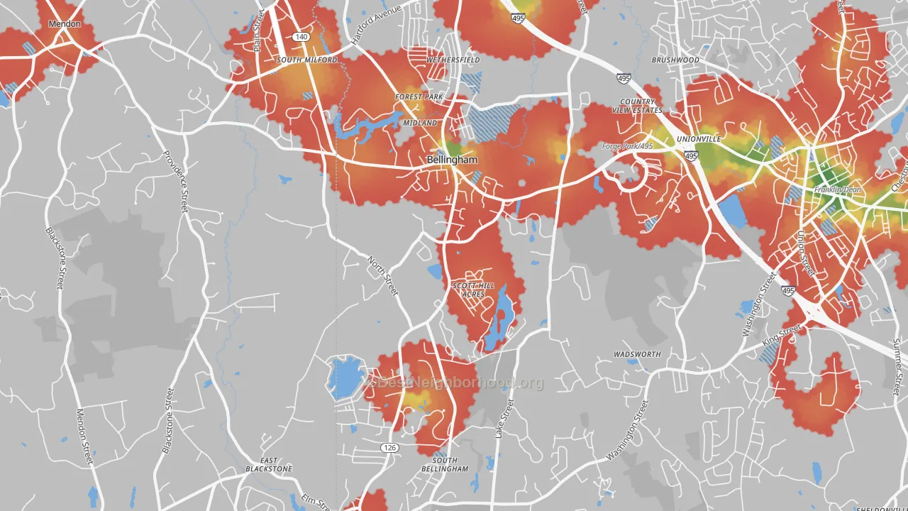 Walk Grade map of Bellingham, MA, walkable areas in green and car-dependent areas in red