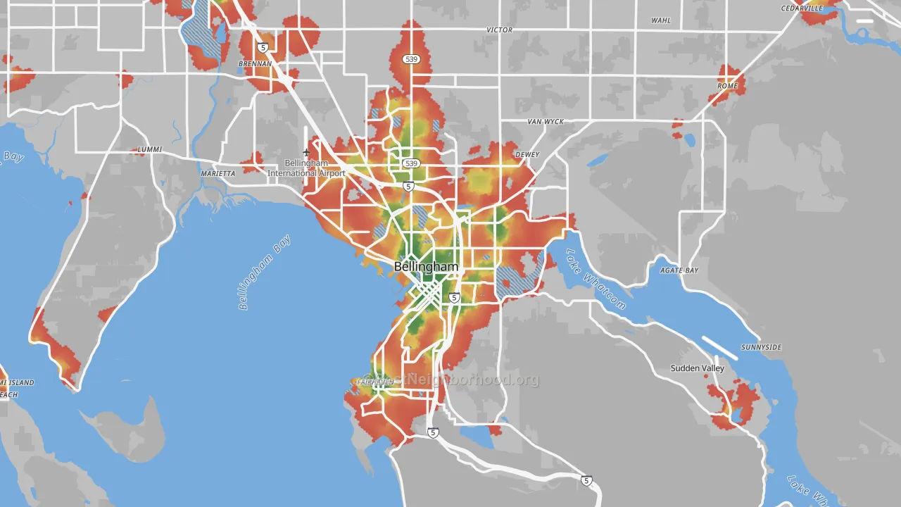 Walk Grade map of Bellingham, WA, walkable areas in green and car-dependent areas in red