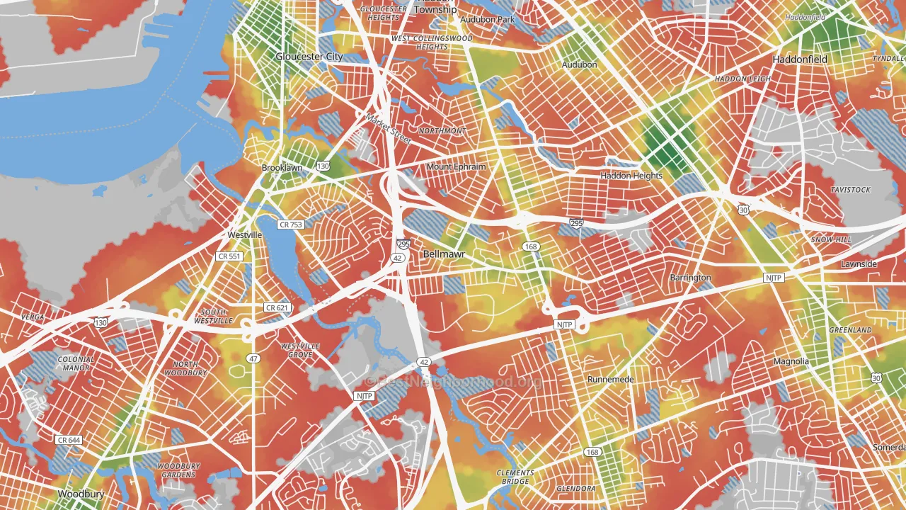 Walk Grade map of Bellmawr, NJ, walkable areas in green and car-dependent areas in red