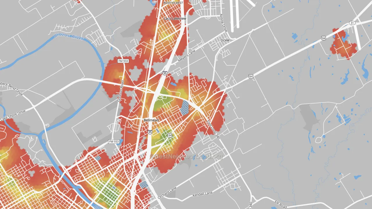 Walk Grade map of Bellmead, TX, walkable areas in green and car-dependent areas in red