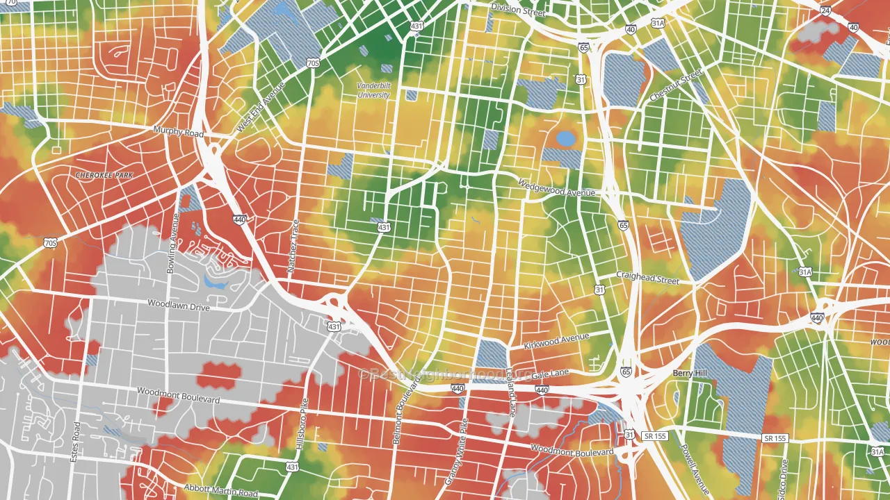Walk Grade map of Bellmont Hillsboro, Nashville, TN, walkable areas in green and car-dependent areas in red