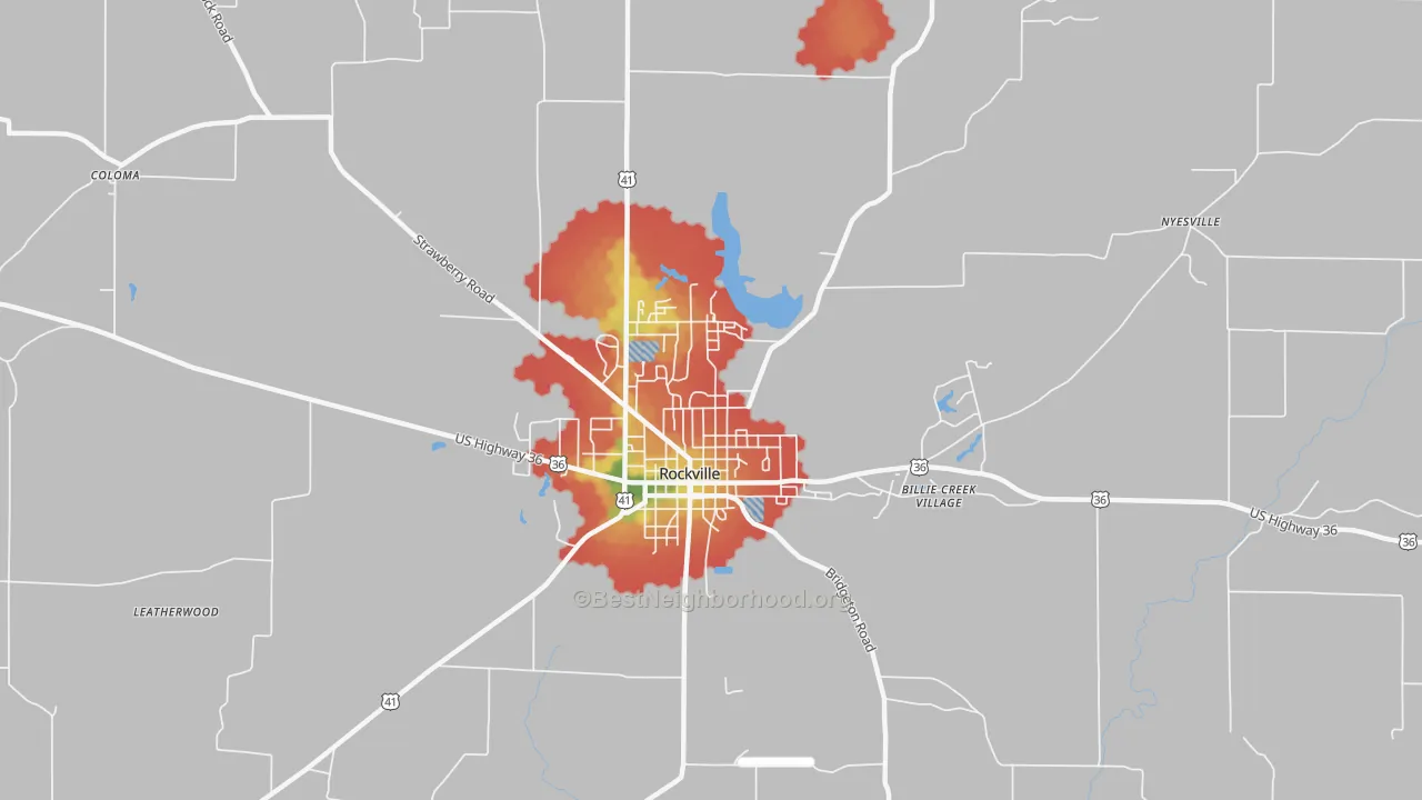 Walk Grade map of Bellmore, IN, walkable areas in green and car-dependent areas in red