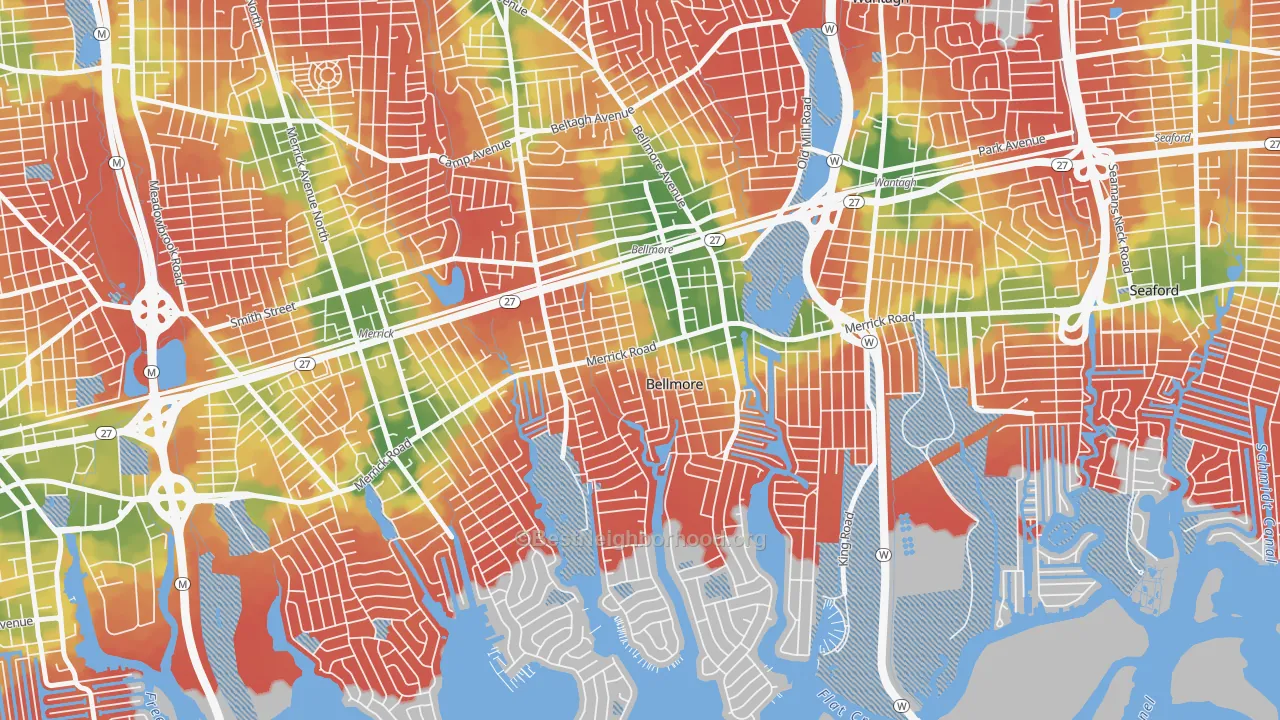 Walk Grade map of Bellmore, NY, walkable areas in green and car-dependent areas in red