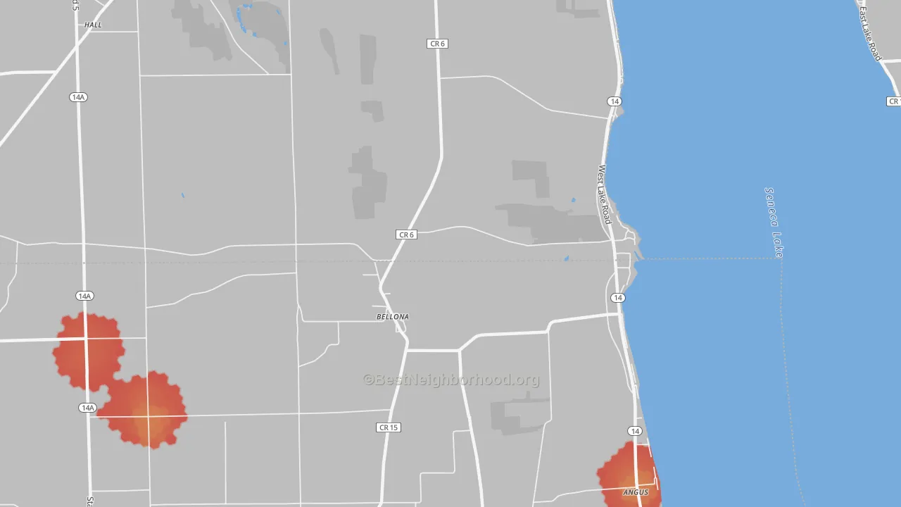 Walk Grade map of Bellona, NY, walkable areas in green and car-dependent areas in red