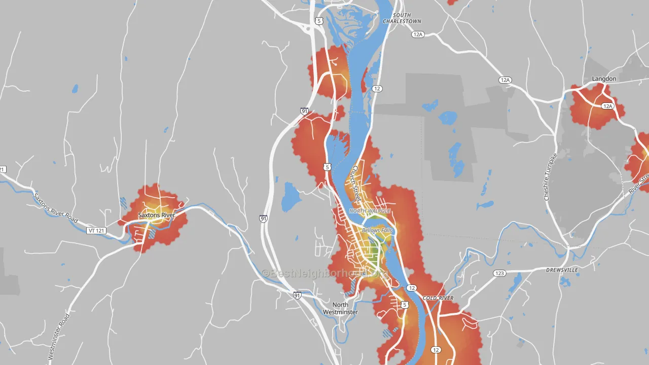 Walk Grade map of Bellows Falls, VT, walkable areas in green and car-dependent areas in red