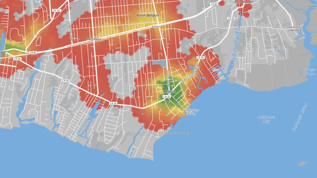 Walk Grade map of Bellport, NY, walkable areas in green and car-dependent areas in red