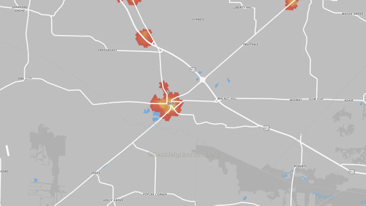 Walk Grade map of Bells, TN, walkable areas in green and car-dependent areas in red