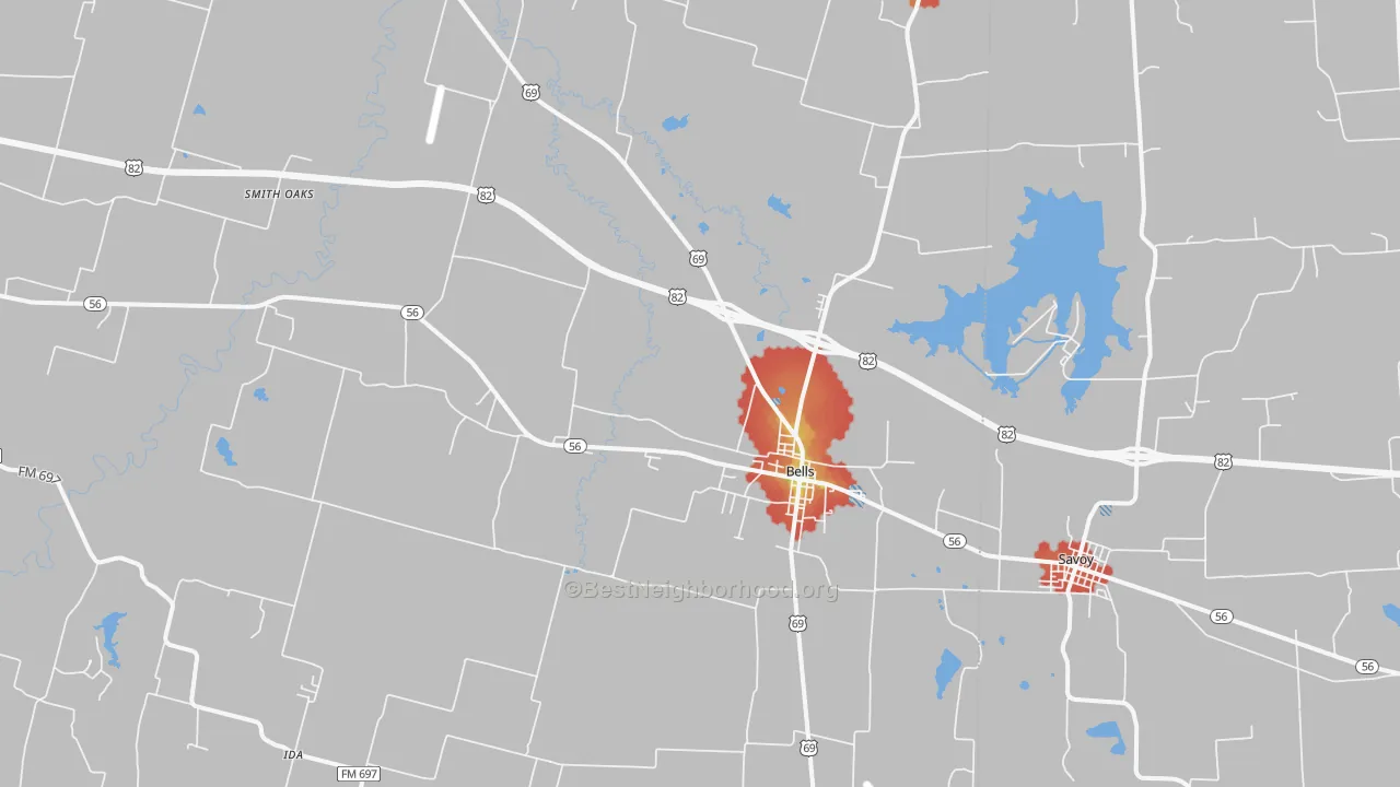 Walk Grade map of Bells, TX, walkable areas in green and car-dependent areas in red