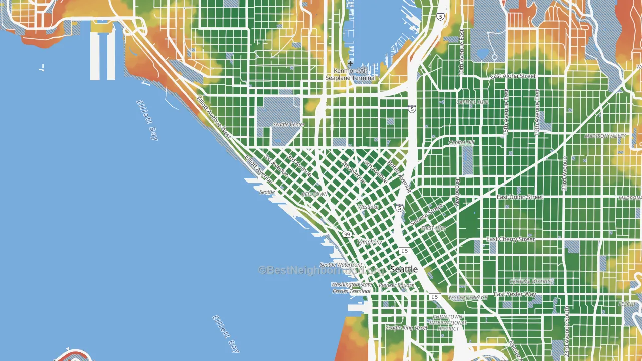 Walk Grade map of Belltown, Seattle, WA, walkable areas in green and car-dependent areas in red