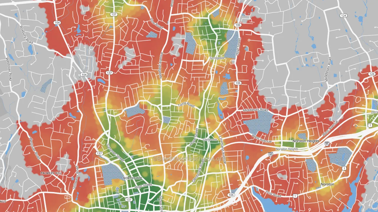Walk Grade map of Belltown, Stamford, CT, walkable areas in green and car-dependent areas in red