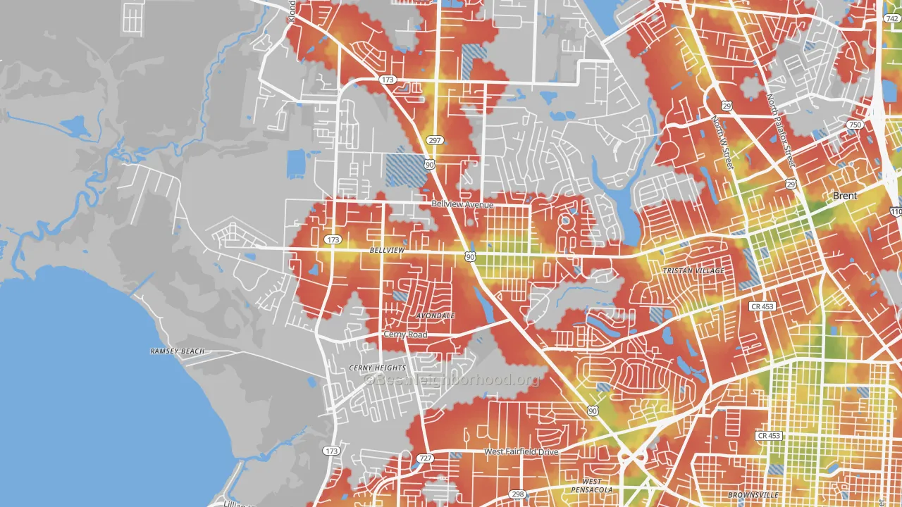 Walk Grade map of Bellview, FL, walkable areas in green and car-dependent areas in red