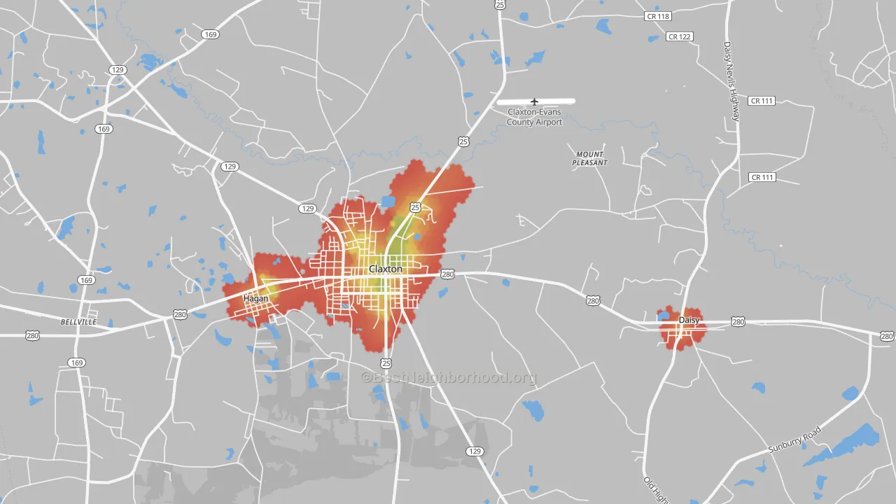 Walk Grade map of Bellville, GA, walkable areas in green and car-dependent areas in red