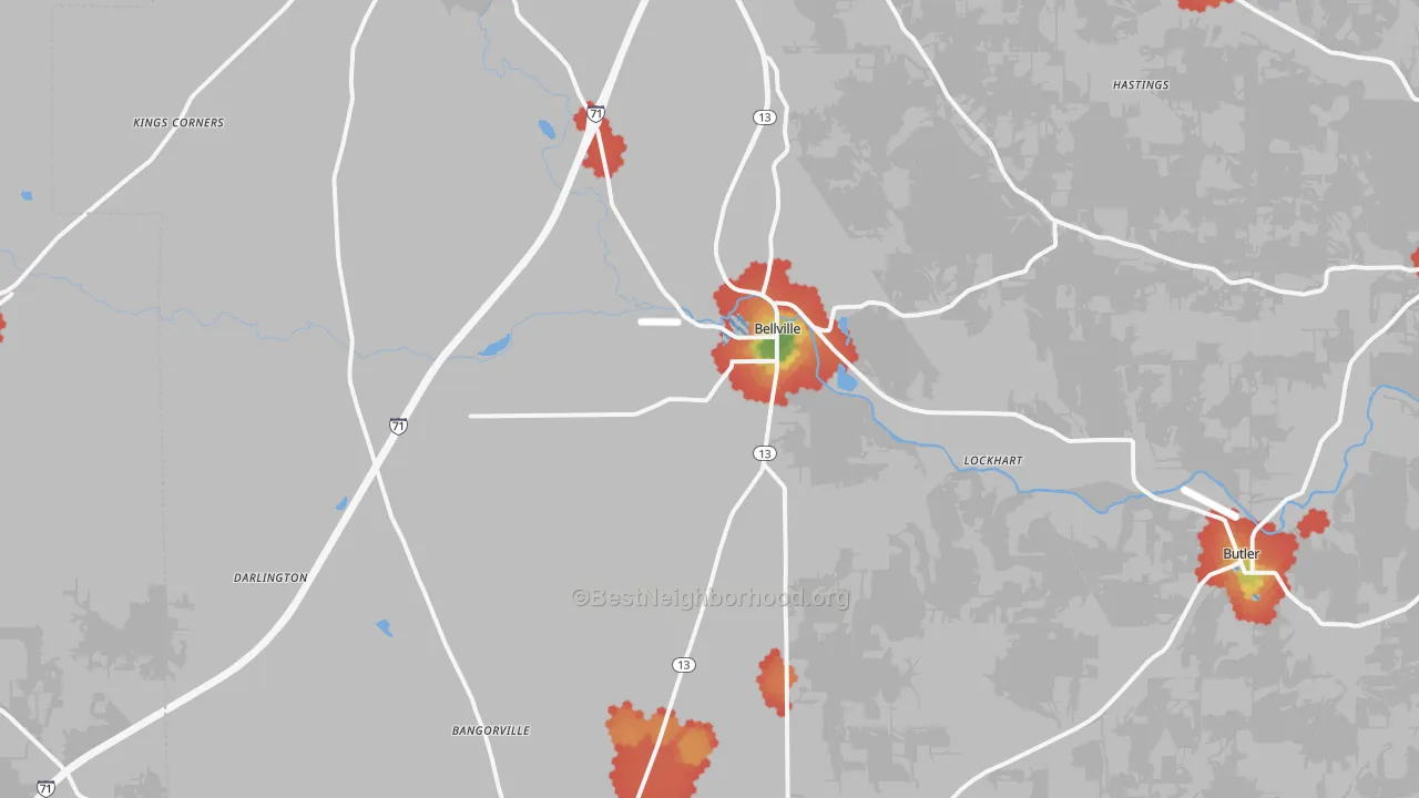 Walk Grade map of Bellville, OH, walkable areas in green and car-dependent areas in red