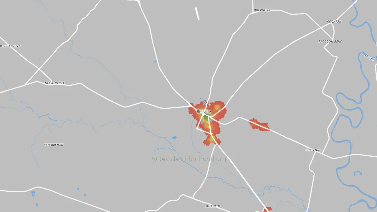 Walk Grade map of Bellville, TX, walkable areas in green and car-dependent areas in red