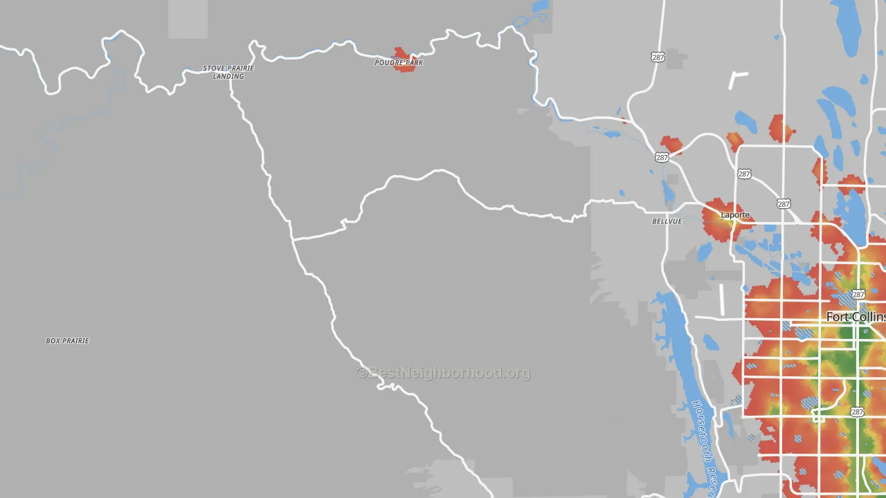 Walk Grade map of Bellvue, CO, walkable areas in green and car-dependent areas in red