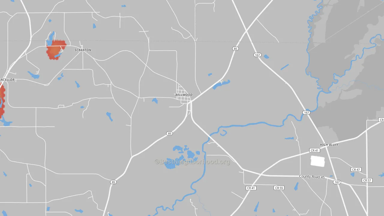 Walk Grade map of Bellwood, AL, walkable areas in green and car-dependent areas in red