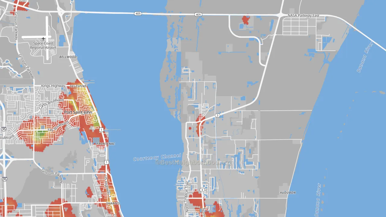 Walk Grade map of Bellwood, FL, walkable areas in green and car-dependent areas in red
