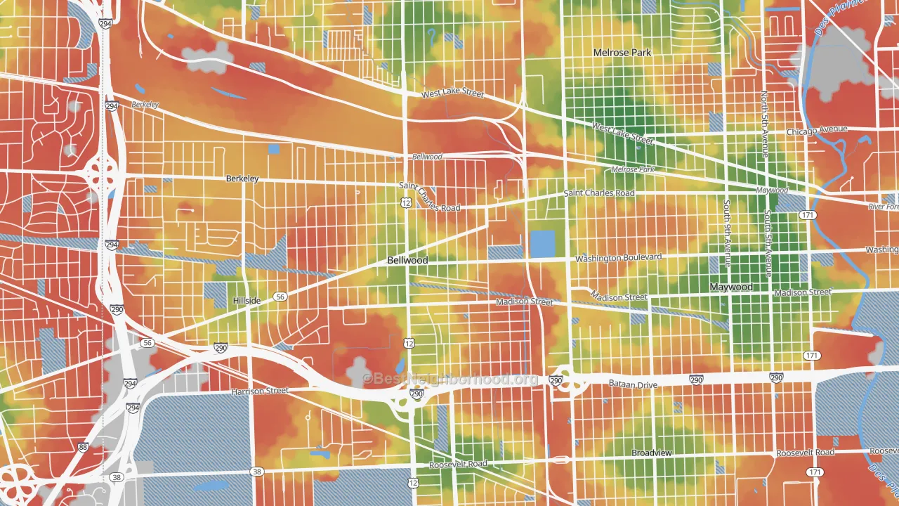 Walk Grade map of Bellwood, IL, walkable areas in green and car-dependent areas in red