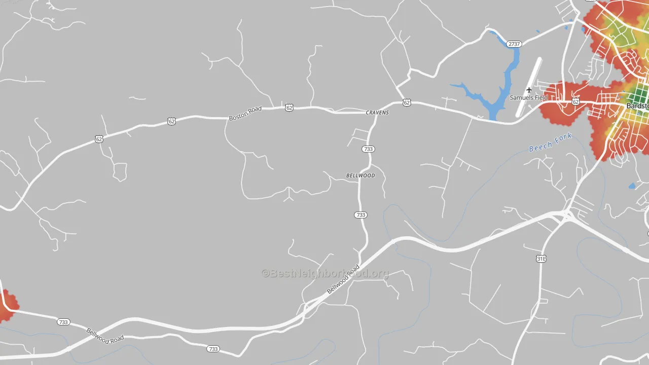 Walk Grade map of Bellwood, KY, walkable areas in green and car-dependent areas in red