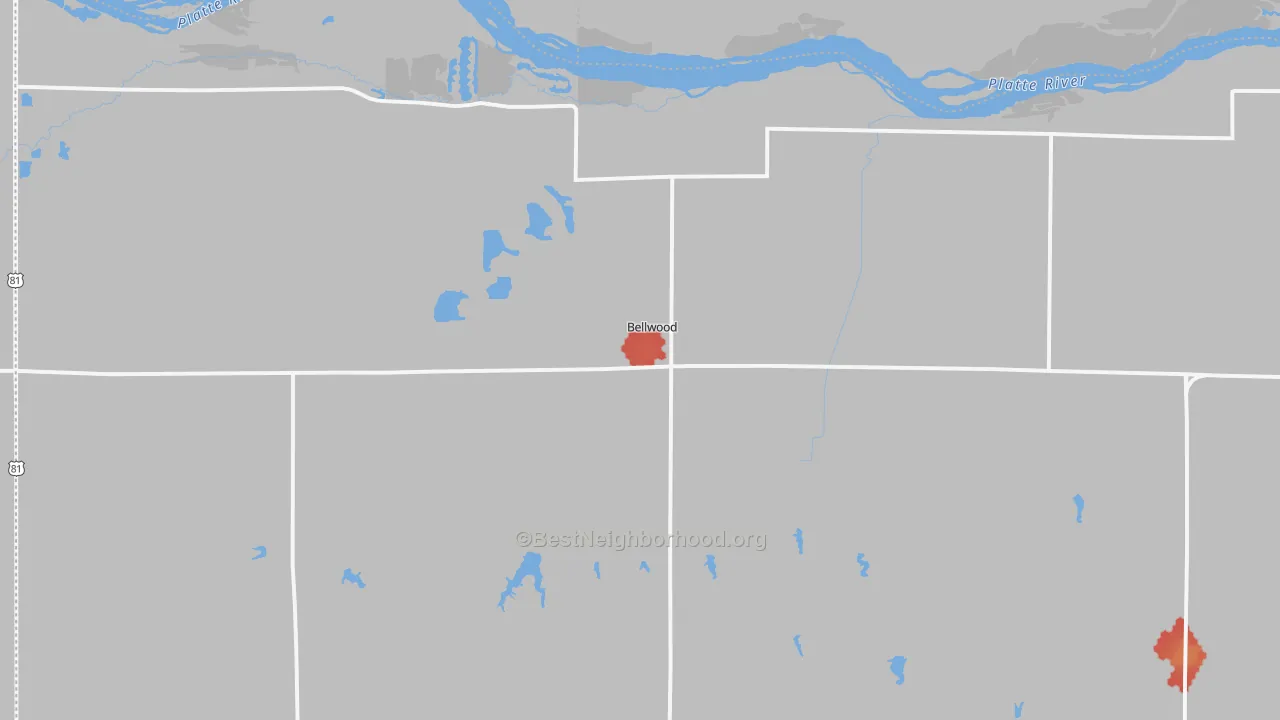 Walk Grade map of Bellwood, NE, walkable areas in green and car-dependent areas in red