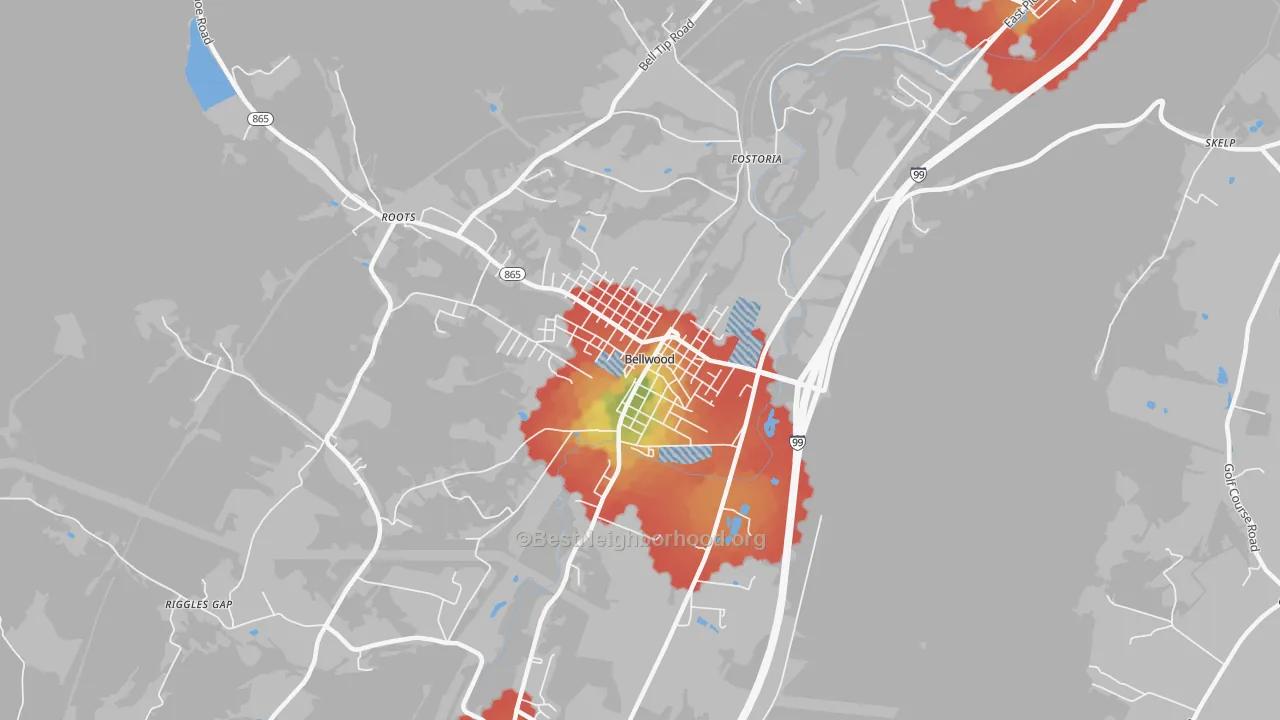 Walk Grade map of Bellwood, PA, walkable areas in green and car-dependent areas in red