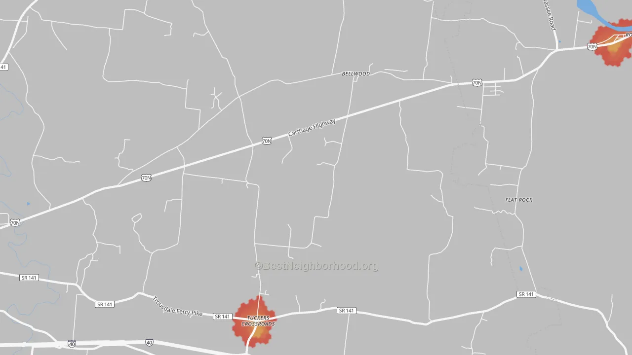 Walk Grade map of Bellwood, TN, walkable areas in green and car-dependent areas in red