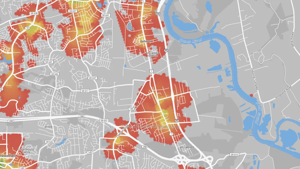 Walk Grade map of Bellwood, VA, walkable areas in green and car-dependent areas in red