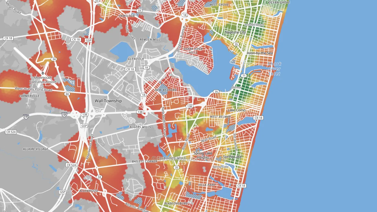 Walk Grade map of Belmar, NJ, walkable areas in green and car-dependent areas in red