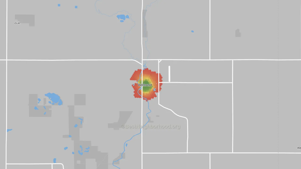 Walk Grade map of Belmond, IA, walkable areas in green and car-dependent areas in red