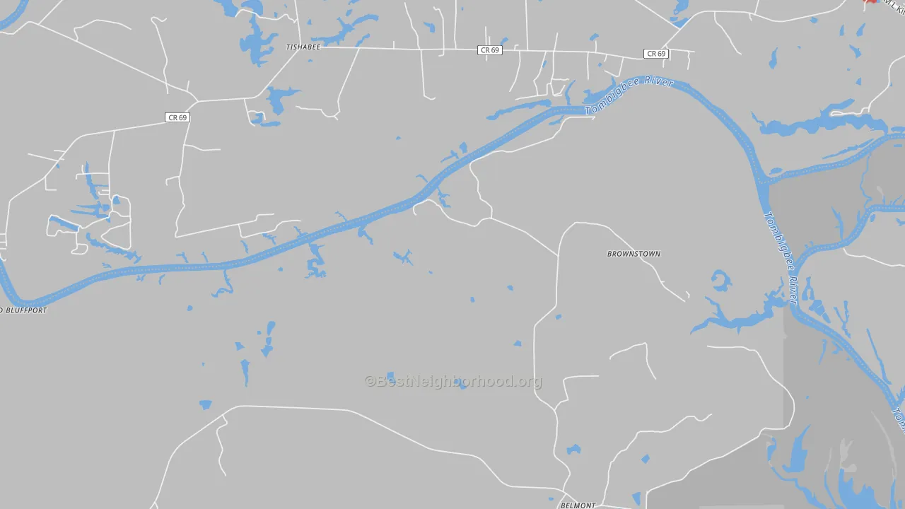 Walk Grade map of Belmont, AL, walkable areas in green and car-dependent areas in red
