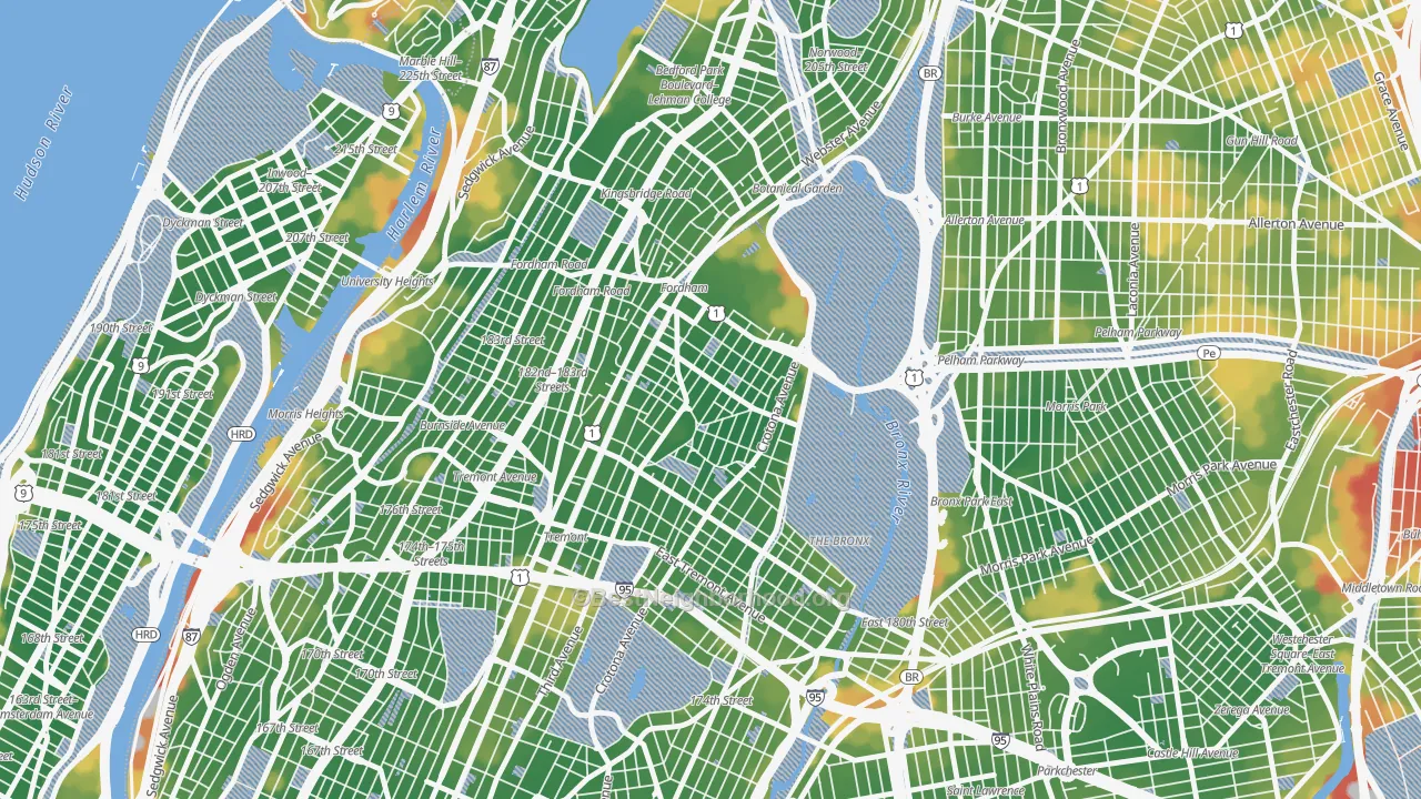 Walk Grade map of Belmont, Bronx, NY, walkable areas in green and car-dependent areas in red