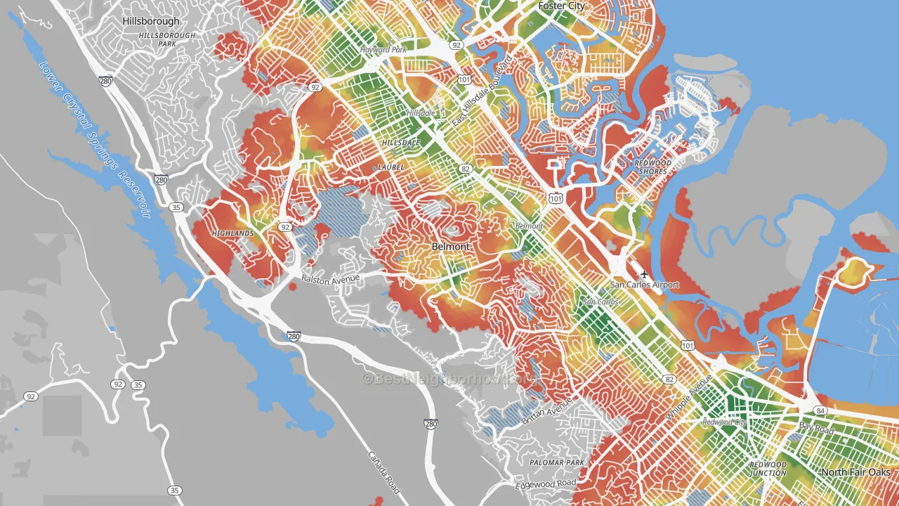 Walk Grade map of Belmont, CA, walkable areas in green and car-dependent areas in red
