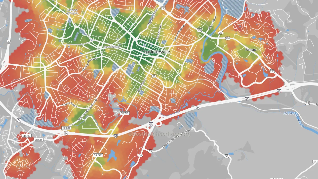 Walk Grade map of Belmont-Charlottesville, Charlottesville, VA, walkable areas in green and car-dependent areas in red