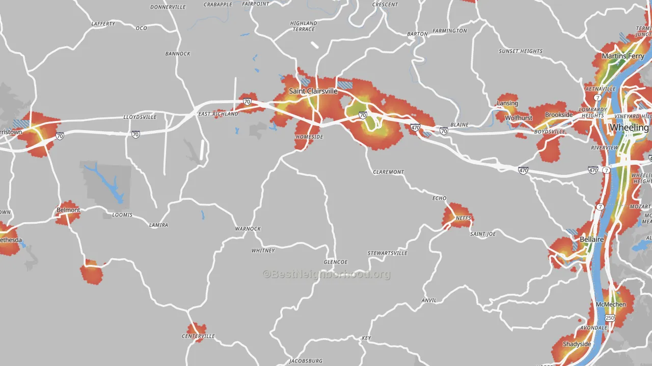Walk Grade map of Belmont County, OH, walkable areas in green and car-dependent areas in red