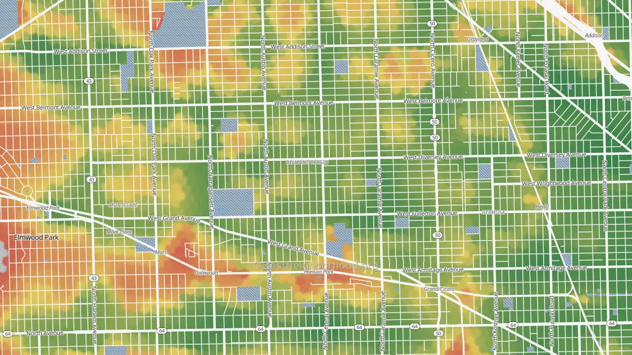Walk Grade map of Belmont Cragin, Chicago, IL, walkable areas in green and car-dependent areas in red