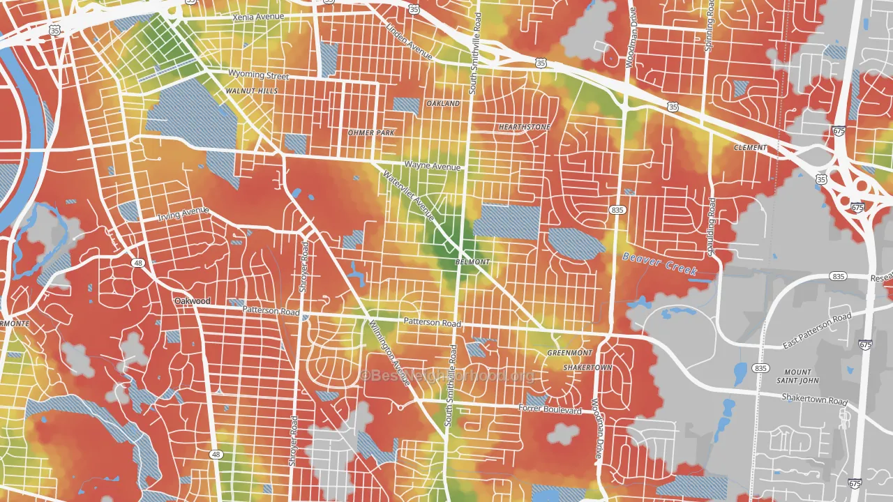 Walk Grade map of Belmont, Dayton, OH, walkable areas in green and car-dependent areas in red