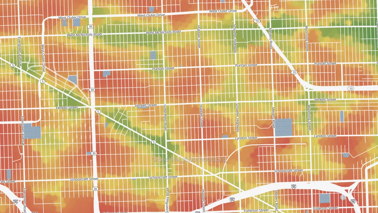 Walk Grade map of Belmont, Detroit, MI, walkable areas in green and car-dependent areas in red