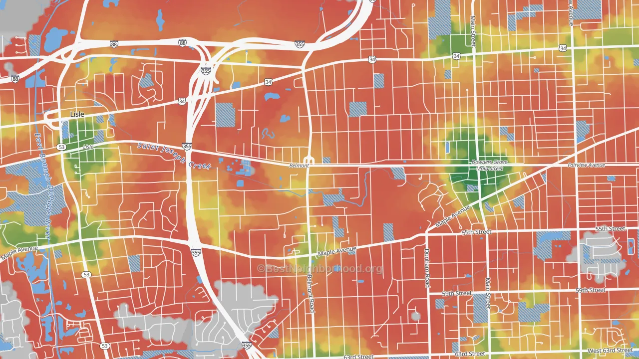 Walk Grade map of Belmont, Downers Grove, IL, walkable areas in green and car-dependent areas in red