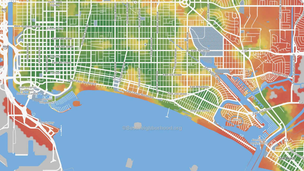 Walk Grade map of Belmont Heights, Long Beach, CA, walkable areas in green and car-dependent areas in red