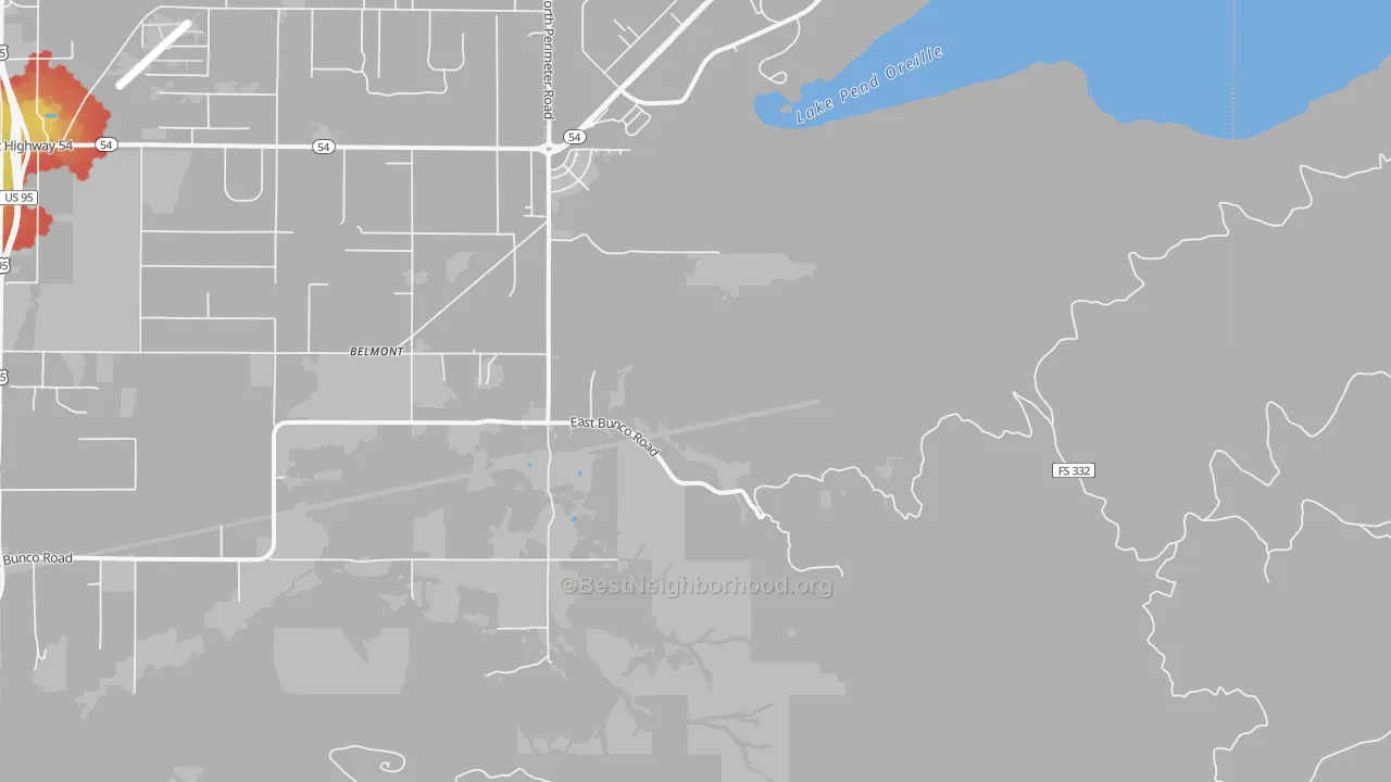 Walk Grade map of Belmont, ID, walkable areas in green and car-dependent areas in red