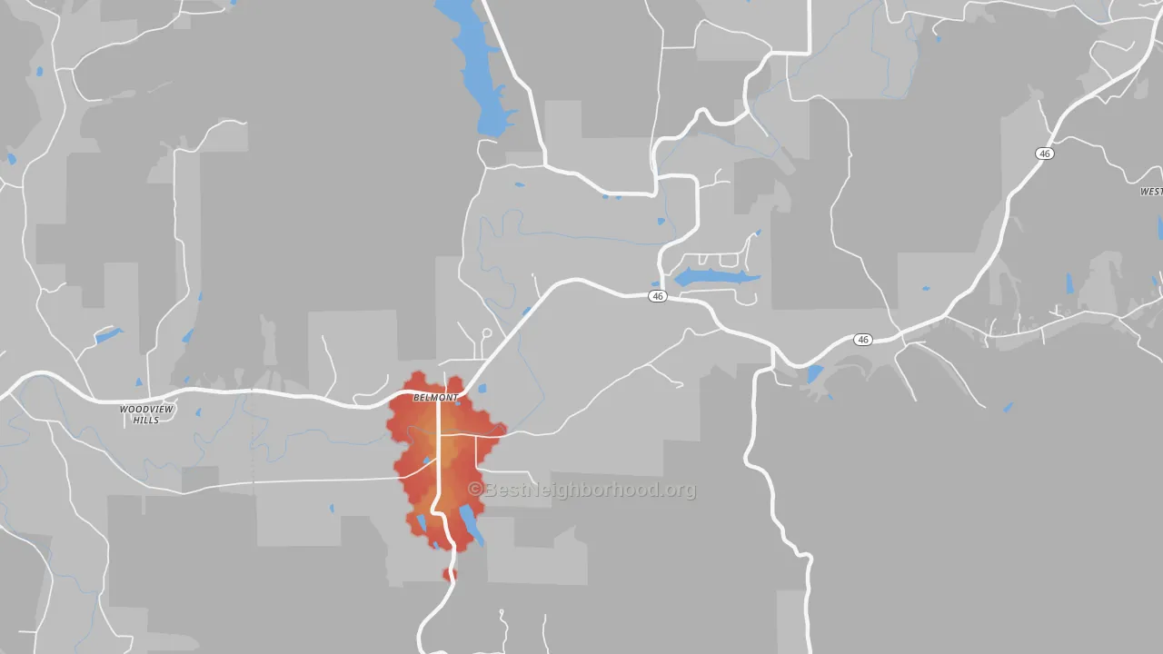 Walk Grade map of Belmont, IN, walkable areas in green and car-dependent areas in red