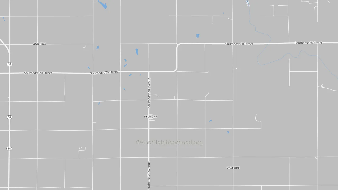 Walk Grade map of Belmont, KS, walkable areas in green and car-dependent areas in red