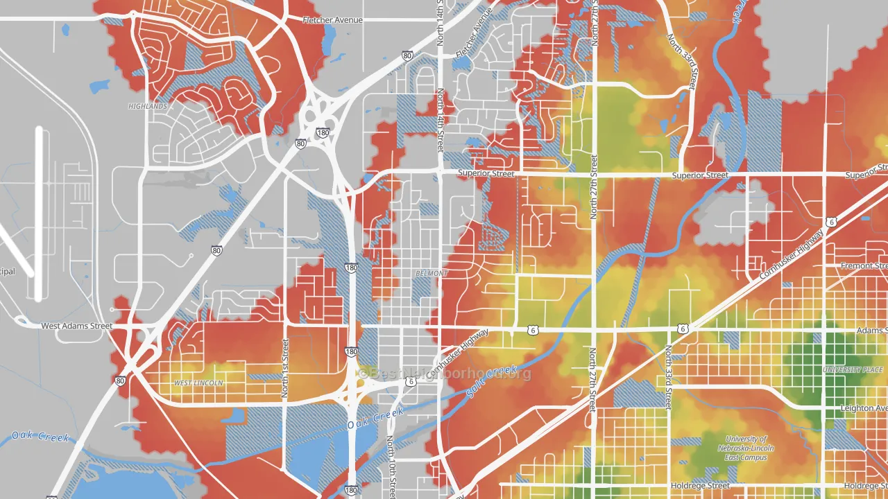 Walk Grade map of Belmont, Lincoln, NE, walkable areas in green and car-dependent areas in red