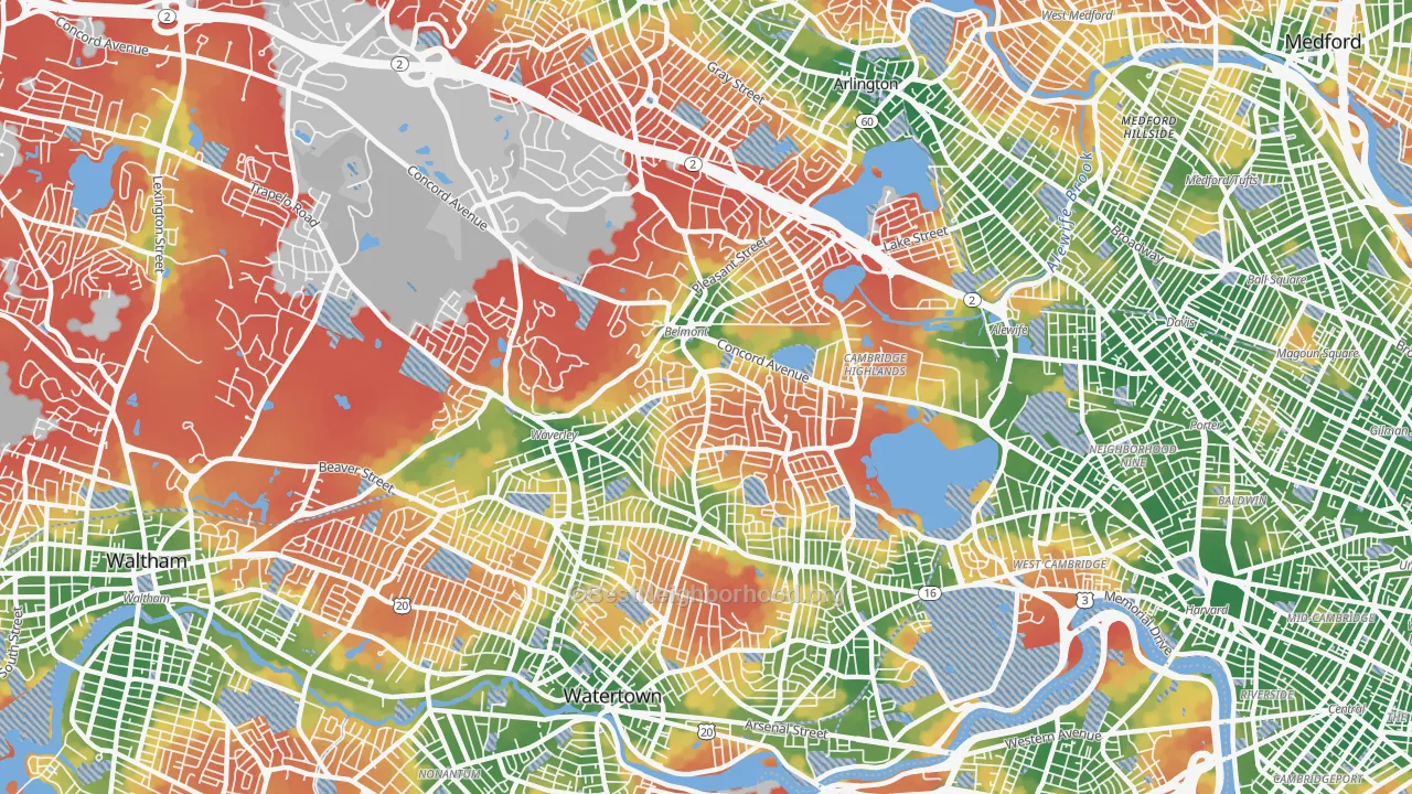 Walk Grade map of Belmont, MA, walkable areas in green and car-dependent areas in red
