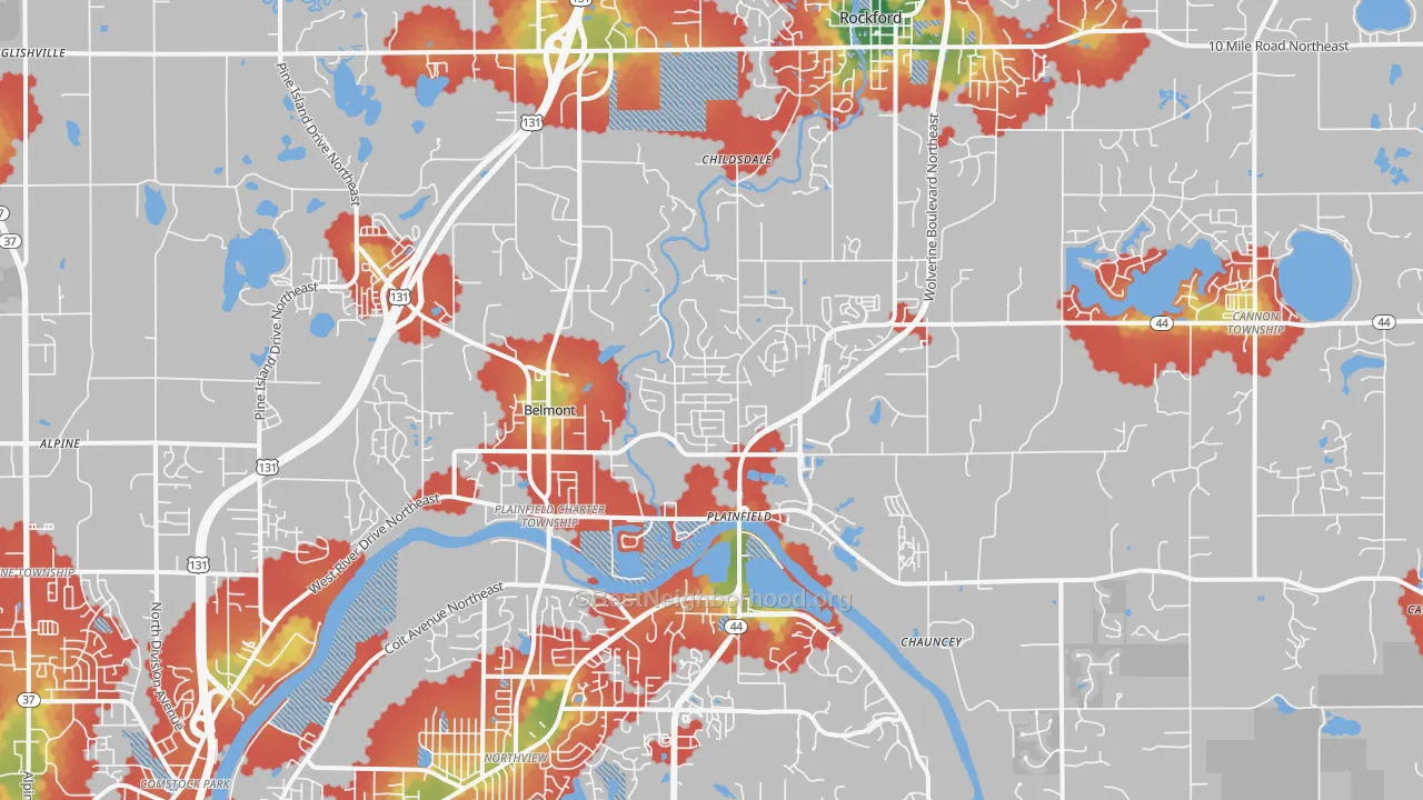 Walk Grade map of Belmont, MI, walkable areas in green and car-dependent areas in red
