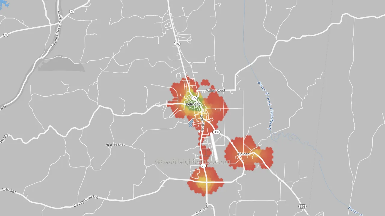 Walk Grade map of Belmont, MS, walkable areas in green and car-dependent areas in red