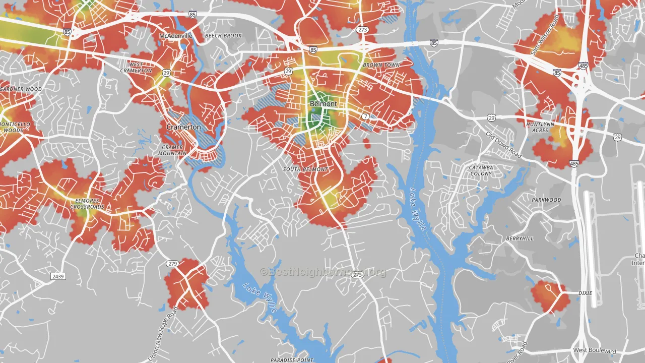 Walk Grade map of Belmont, NC, walkable areas in green and car-dependent areas in red