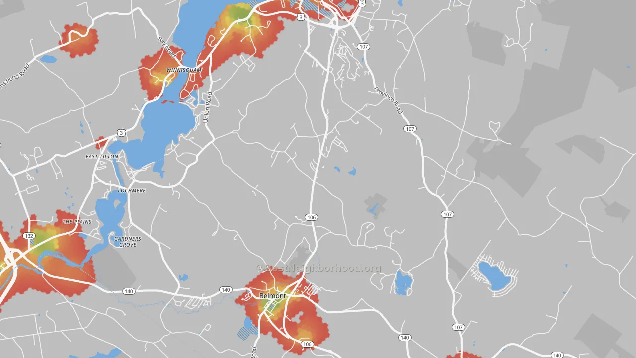 Walk Grade map of Belmont, NH, walkable areas in green and car-dependent areas in red